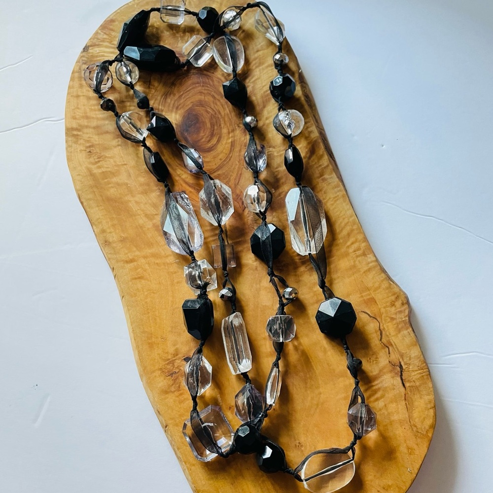 Black and clear lucite beads on a black ribbon necklace X-Long single or double